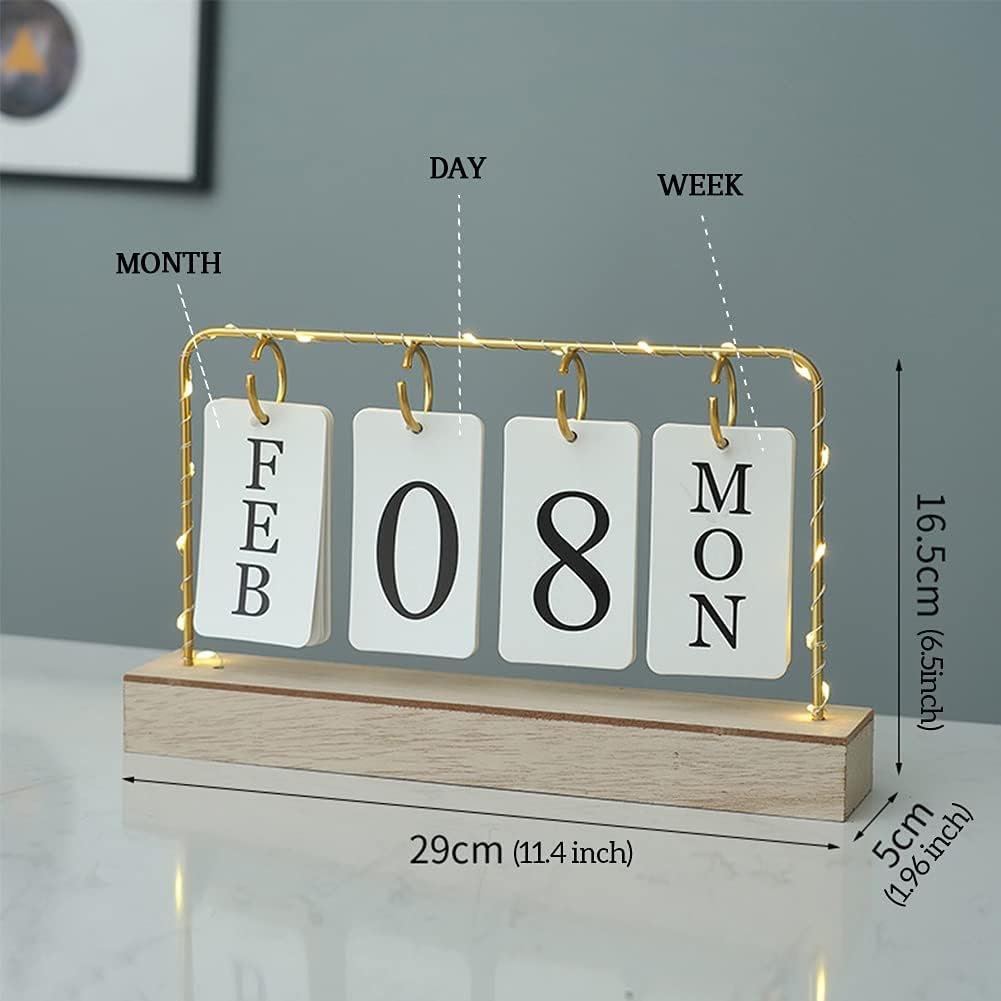Flip Wooden Perpetual Calendar Gold Metal Stand with Paper Monthly Daily Calendar with Light For Daily Office Home Decor Reusable Office Accessory