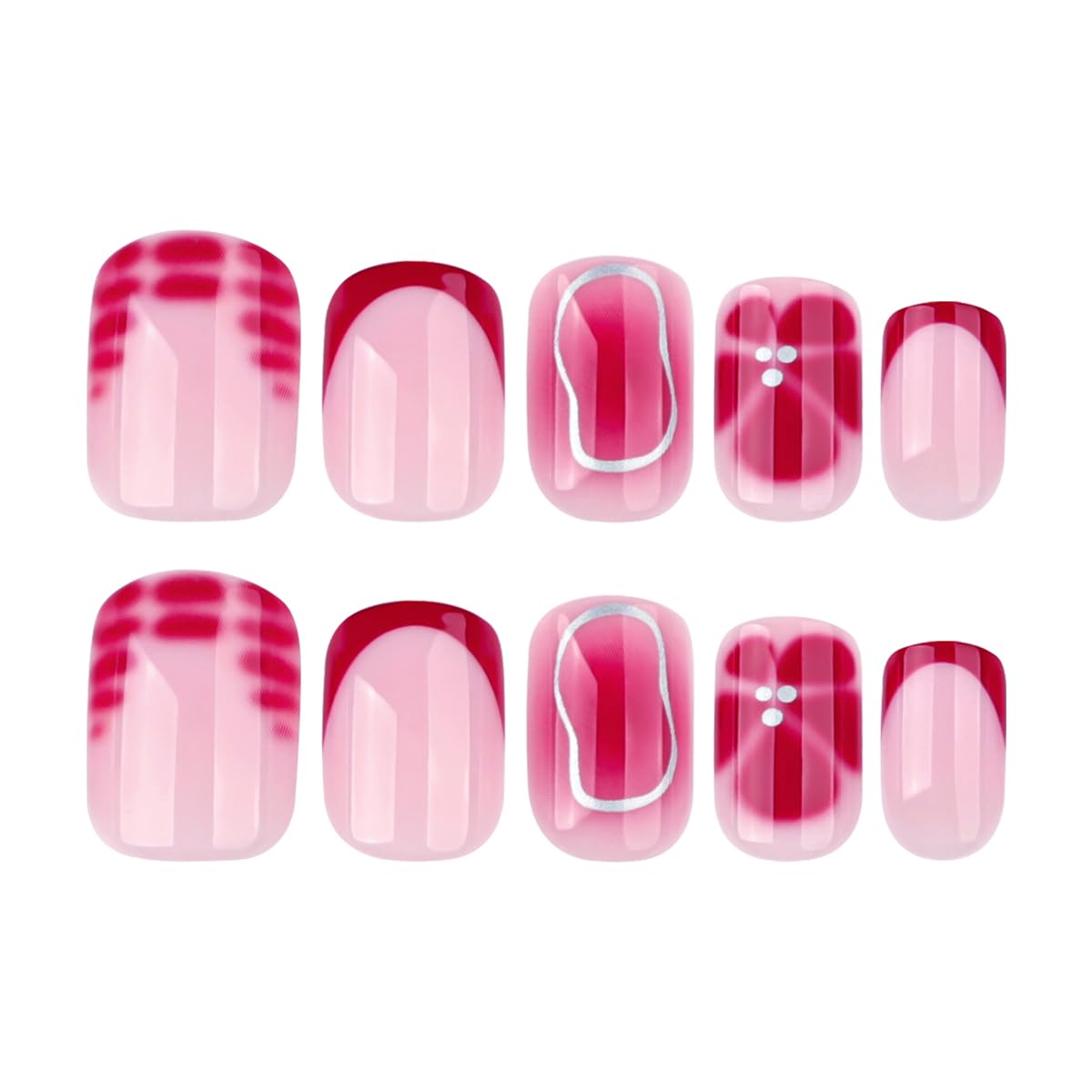 Mivota Short Square Press on Nails with Red Flower Designs Of Silver Lines Fake Nails Nude Acrylic Press ons Nails Full Cover Stick on Nails Reusable for Women Manicure Kit 24 Pcs