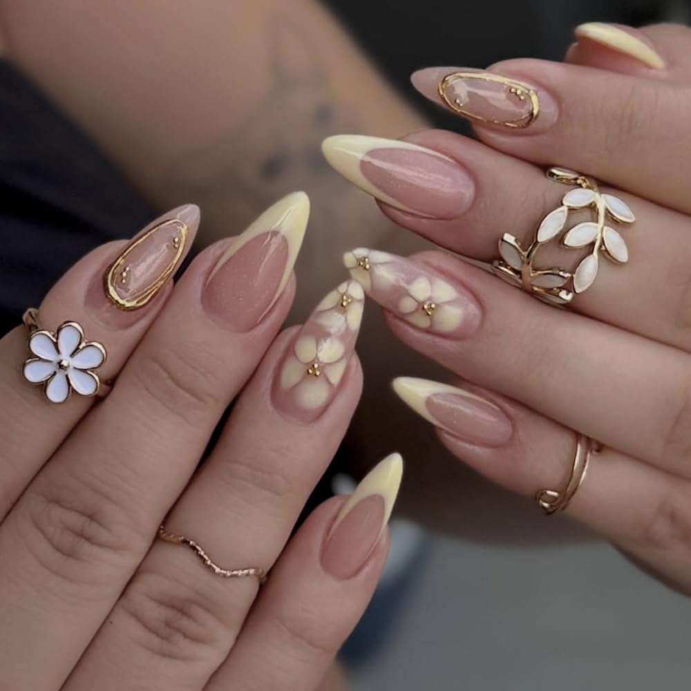 French Tips Press on Nails Medium Almond Fake Nails with Yellow Flower Design Glossy 5D Gold Lines Glue on Nail Floral Nails Press ons Reusable Full Cover Spring Summer Nail for Women Manicure 24Pcs