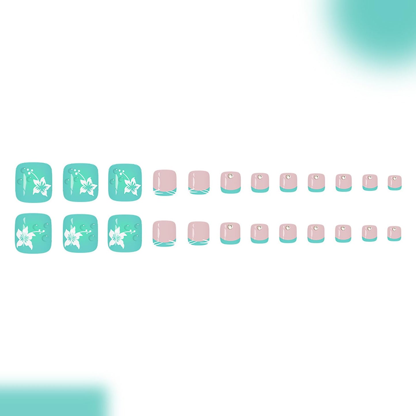 24Pcs Summer Press on Toenails,Short Square Fake Toe Nails with White Flower Rhinestones Designs Cyan French Tips Toe Nail Press Ons Full Cover Acrylic Glossy False Toenails for Women