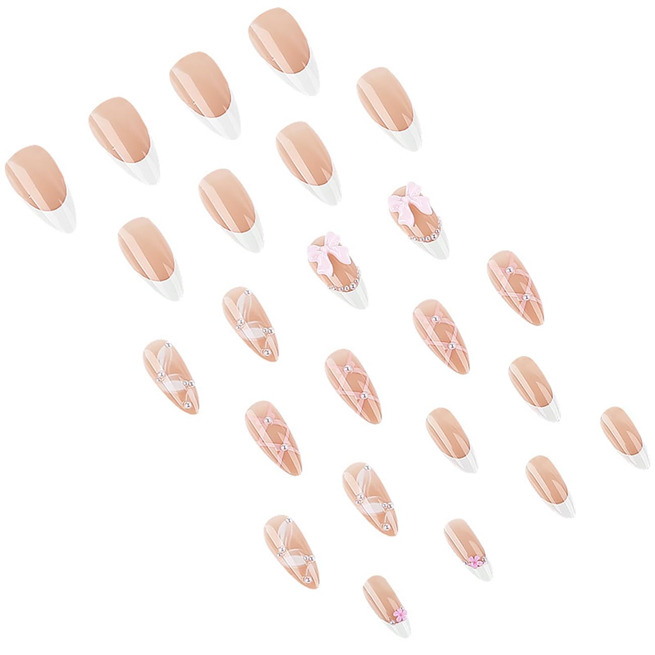 Almond Press on Nails Medium, 3D Pink Charms Bow Fake Nails French Tip Nails Press ons with Pearl Exquisite Design,Glue on Nails Glossy Acrylic Nails for Women Girls Manicure 24Pcs