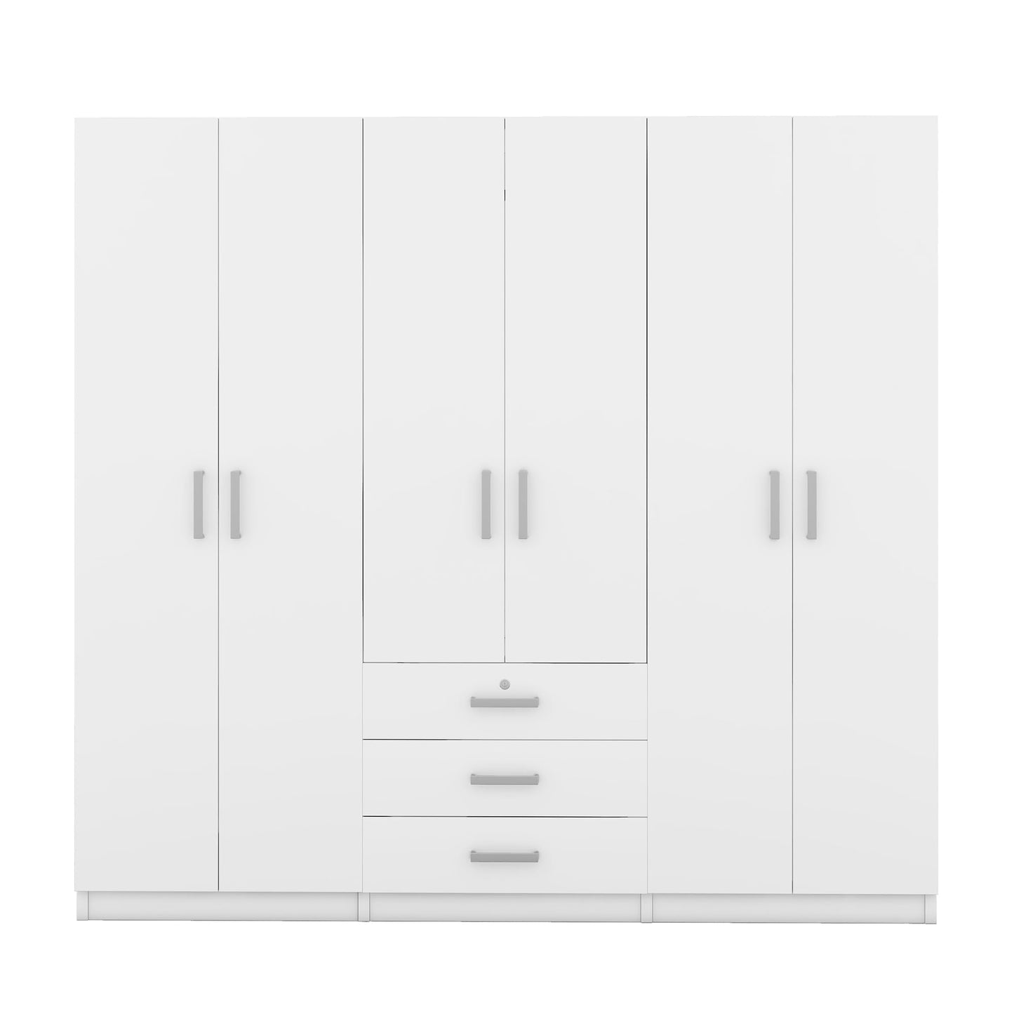 Merax Large White 6 Doors Wooden Wardrobe, Bedroom Tall Armoire Closet Organizer with Big Drawers, Hanging Rails and Shelves, Clothes Storage Cabinet for Garage & Laundry Room, White