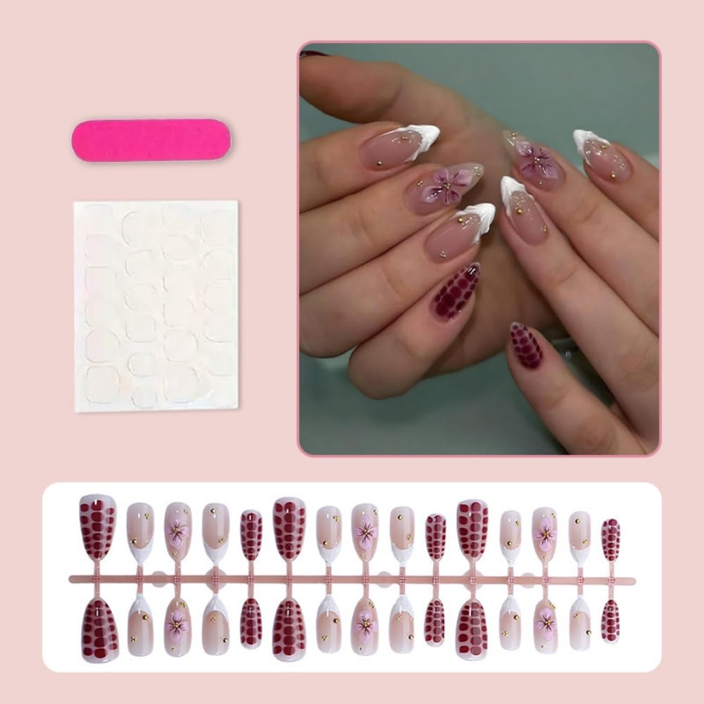 Almond Press on Nails Short Fake Nails with 5D Flower Charm Design Glossy White French Tips Acrylic Nail Turtle Shell Nail Press ons Reusable Cute Spring Summer False Nail for Women Manicure 30Pcs