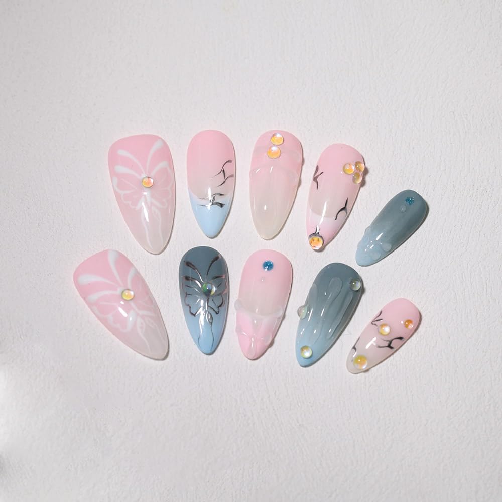 10PCS Luxury Handmade Press On Nails Nude Gradient Cat's Eye with Pearl Bow & Sparkling Rhinestones for Wedding & Party Reusable Almond Fake Nails Design Gift For Women and Girls (L03, S)