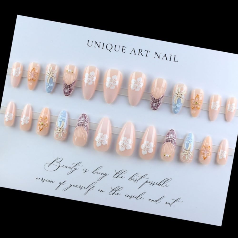 French Tips Press on Nails Medium Almond Fake Nails with 5D Flower Charm Design Glossy Ombre Pink Nails Press on Reusable Starfish Pearl False Nail Spring Summer Nail for Women Manicure 24Pcs