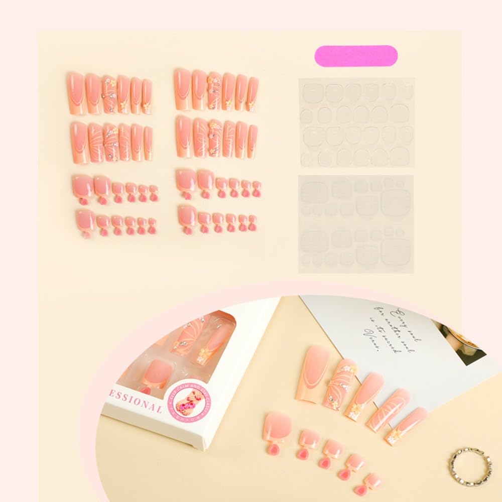 CTTHNBD Long Press on Nails Square & Press on Toenails Set, Butterfly Fake Nails - Yellow French Tip Press on Toenails - for Women 48 Pcs
