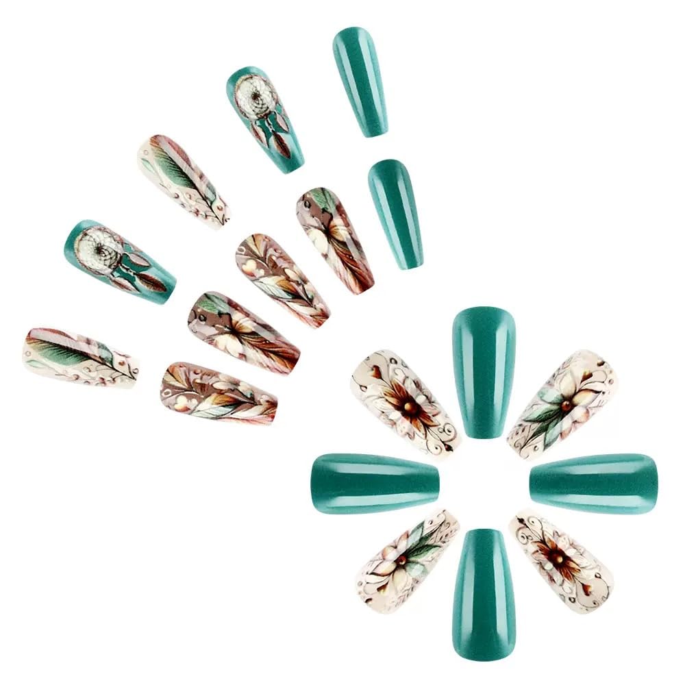 CTTHNBD Square Press on Nails - Medium Fake Nails with Flower Design - Ombre Brown, French Tip False Nails for Women - 24 Pcs