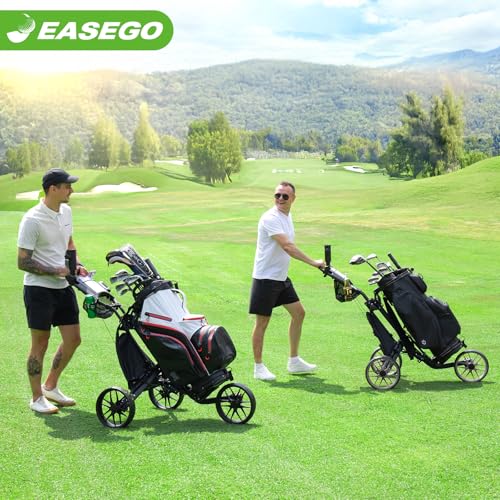 EASEGO Golf Push Cart 3 Wheel : Golf Bag Cart Foldable with Phone/Cup/Umbrella Holder Compact Golf Pull Carts Quick Fold Golf Caddy Push Carts with Large Wheelbase for Different Terrain (Gray)