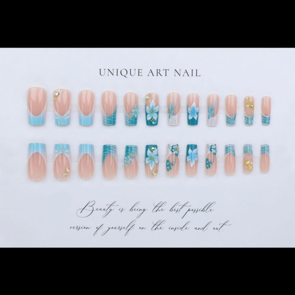 French Tips Press on Nails Medium Square Fake Nails with 5D Flower Charm Design Glossy Green Nails Press on Spring Summer Star Shell False Nail Reusable Ocean Glue on Nail for Women Manicure 24Pcs
