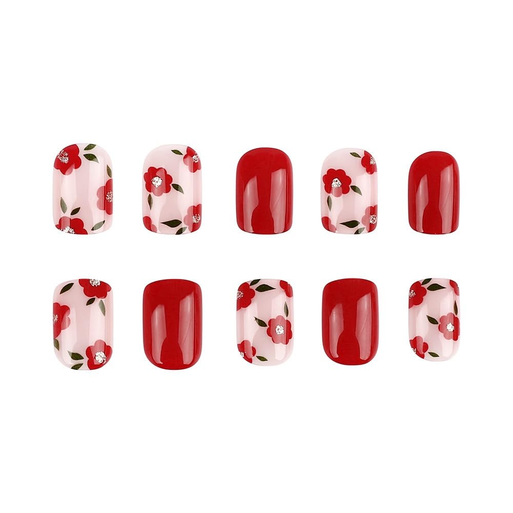 Short Press on Nails Square - Red Fake Nails with Cute Flower Design - Solid Color Full Cover Glossy Stick on Nails for Women - 24 Pcs