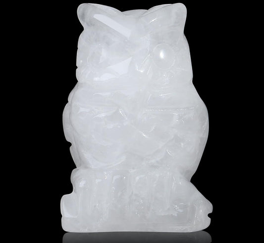 YATOJUZI 2” Owl Decors Natural Clear Quartz Crystals Stones White Cute Decor Polished Hand-Carved Sculpture Statue Figurines Gemstone Home Office Desk Decoration Reiki Energy Gifts