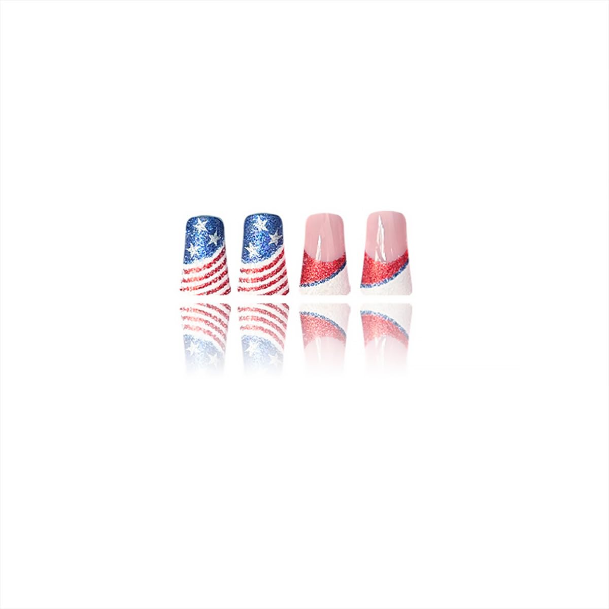 24Pcs 4th of July Press on Nails Duck Short French Tip Fake Nails with Red Blue Glittter Design Independence Day American Flag False Nails Full Cover Artificial Stick on Nails Glue on Nail for Women