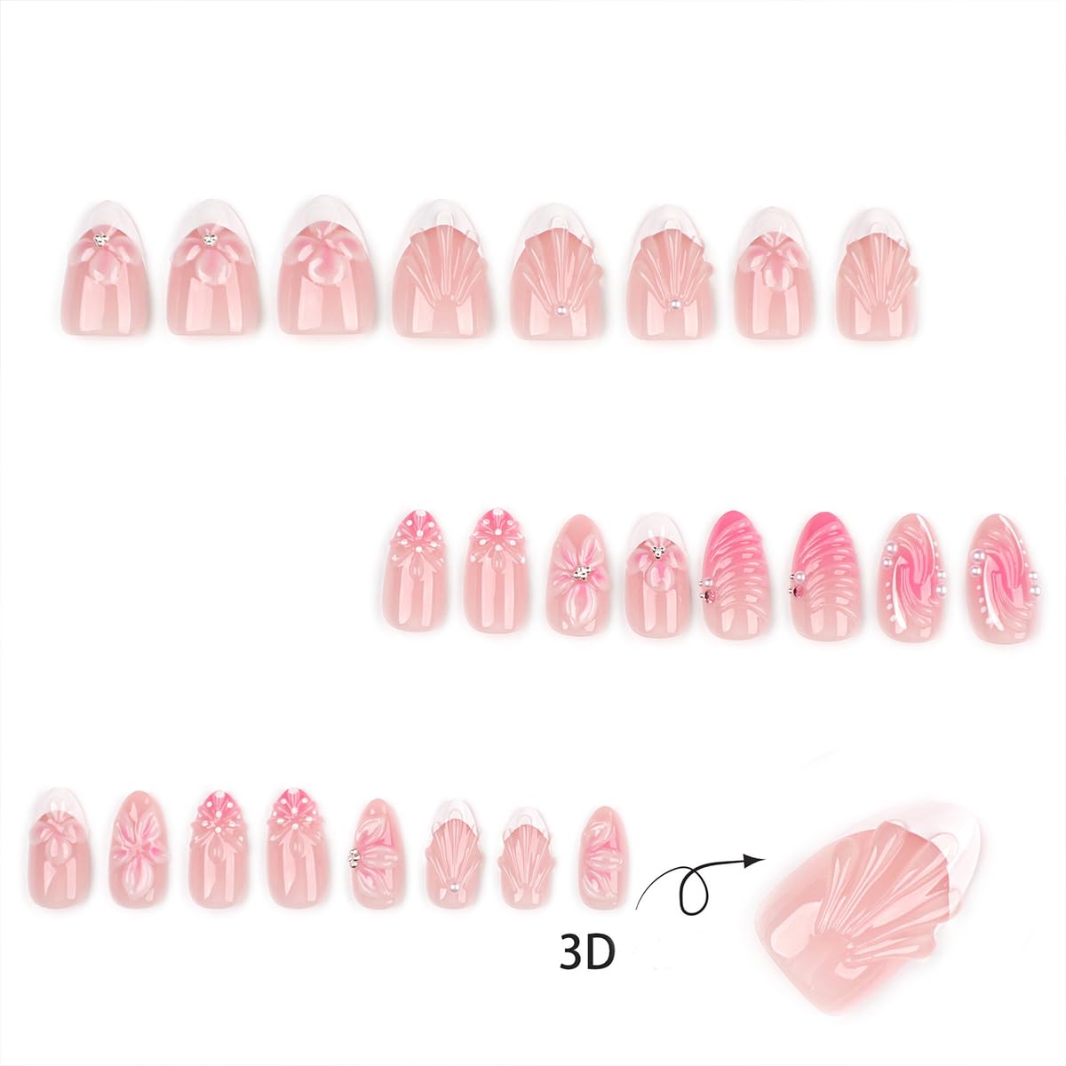 3D Flower Press on Nails Short Almond Fake Nails Press ons Summer White French Tip False Nails with 3D Pearl Conch Stripe Design Nude Pink Stick on Nails for Women 12 Sizes-24 Pcs Nail Kit