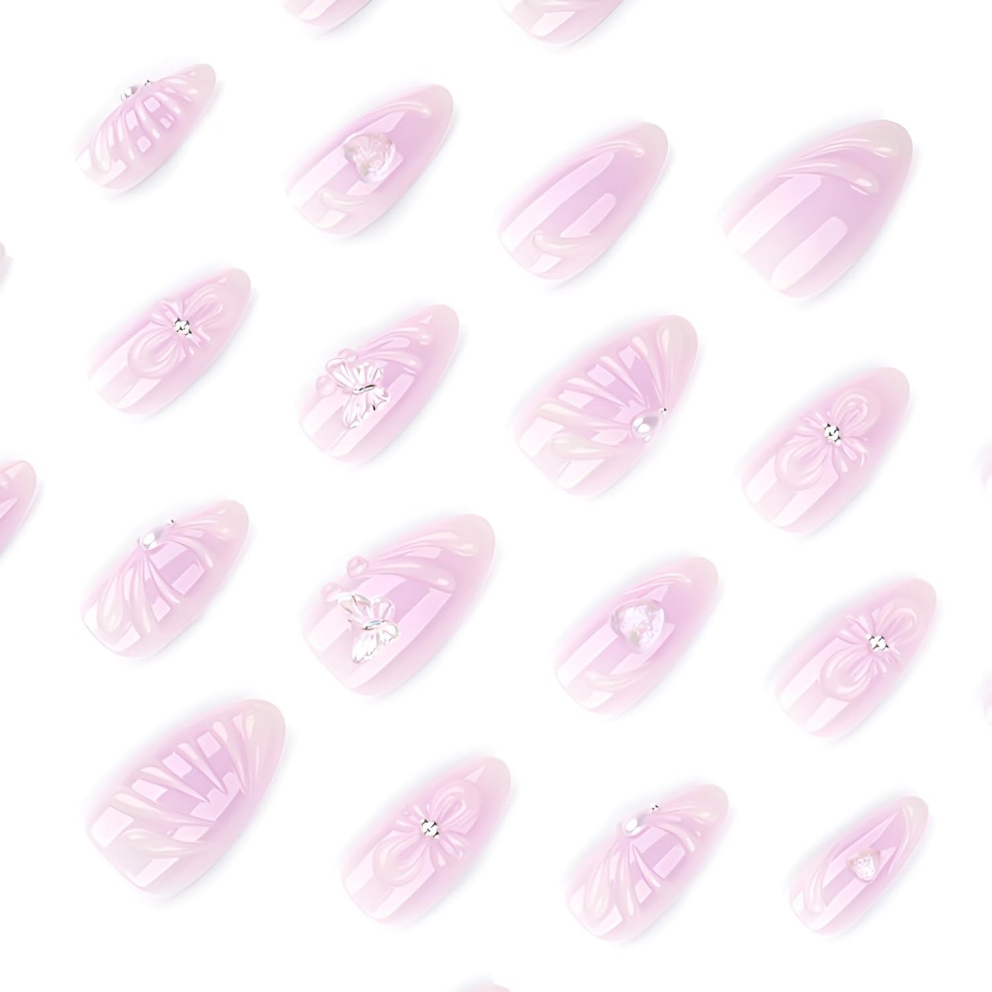 3D Flower Press on Nails Medium Almond Fake Nails Heart Butterfly Nails Press Ons Glossy Full Cover False Nails Purple Glue on Nail Acrylic Stick on Nails for Women Decorations Set 24Pcs