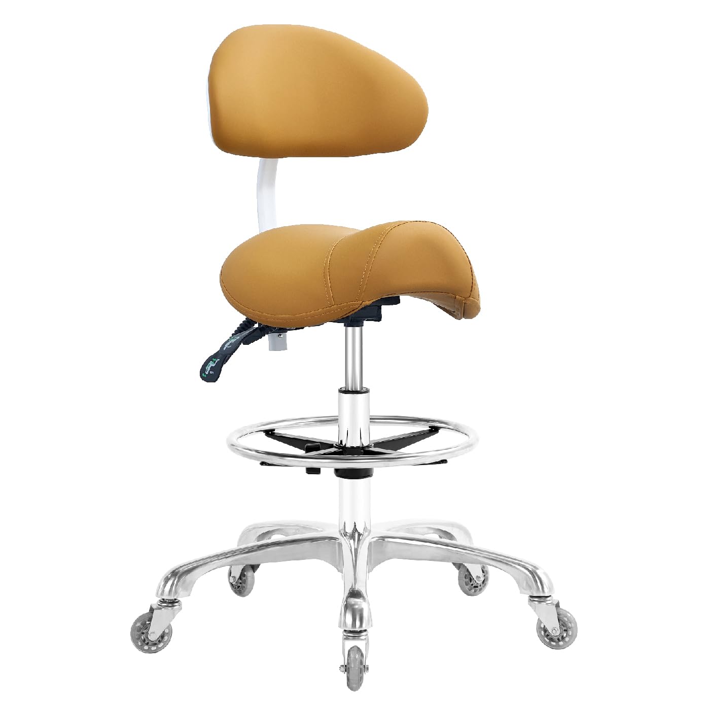 Nazalus Saddle Stool Chair with Back Support Footrest, Heavy-Duty(350LBS), Hydraulic Rolling Swivel Adjustable Stool Chair for Salon Spa Beauty Massage Dental Clinic Home Office Use(Camel)