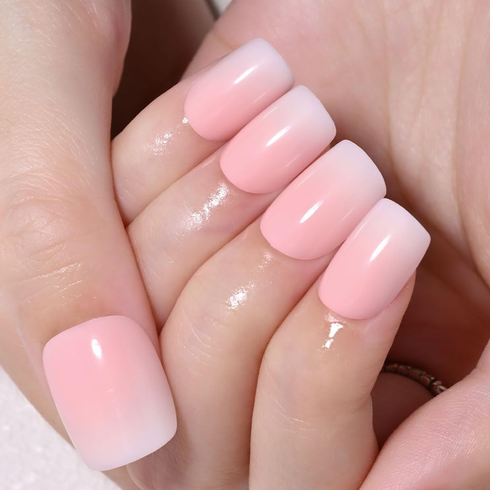 XZMeiLun Pink White Ombre Press on Nails, Short Square Acrylic Fake Nails Design, Natural Reusable Nails Kit for Women DIY False Nail Art Decoration Gift, Salon Quality Reusable 15/30 Pcs