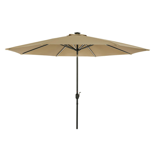 Island Umbrella Calypso 11 ft Octagon Patio Umbrella – With Crank Lift, Push-Button Tilt, Rust-Resistant Aluminum Pole, 8-Rib Frame, Solar LED Lights & Breez-Tex Weather-Resistant Canopy – Champagne