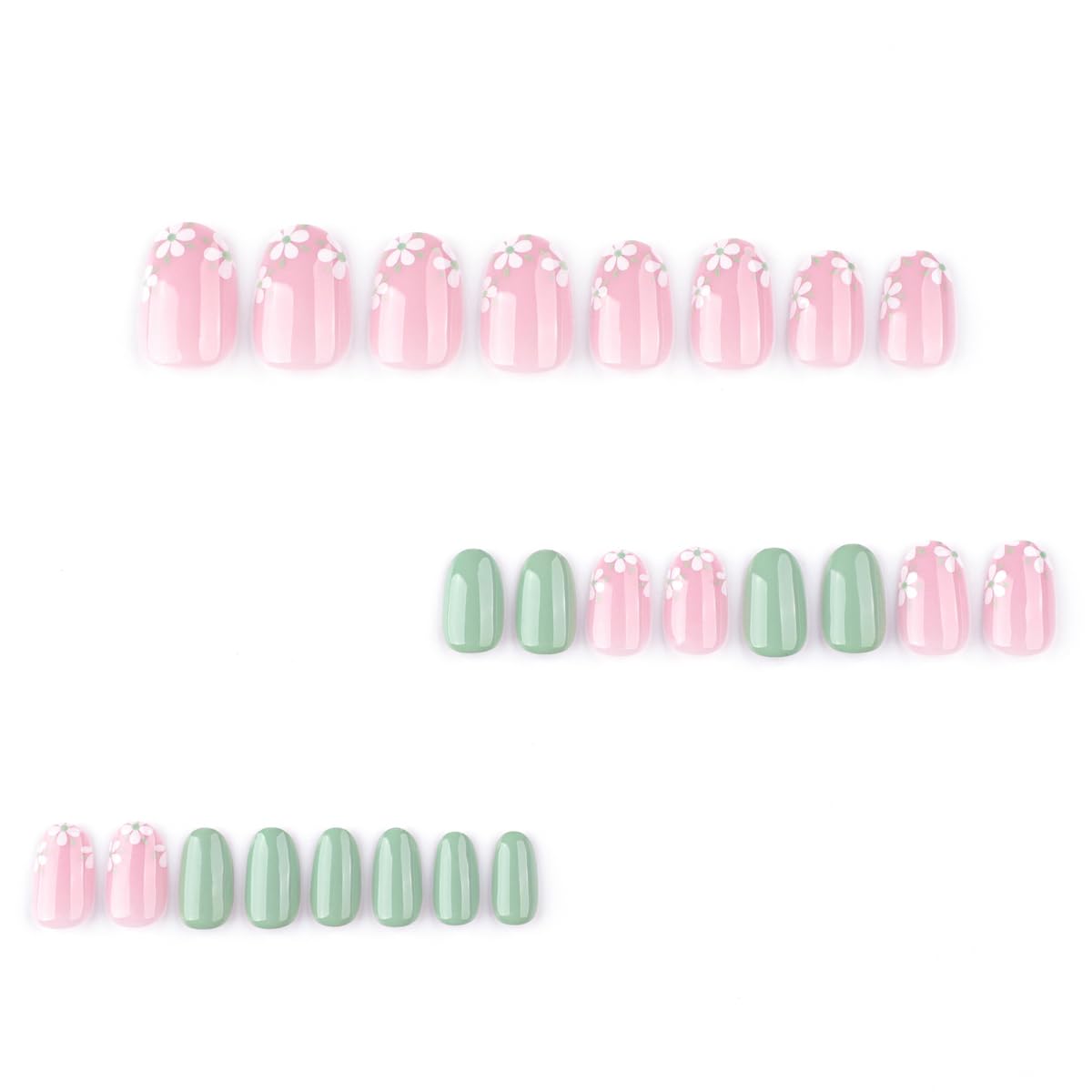 Green Press on Nails Short Oval Fake Nails Spring Summer Nails Press ons with Flower Design Reusable Artificial Nail Full Cover Stick on Nails for Women Manicure 24Pcs