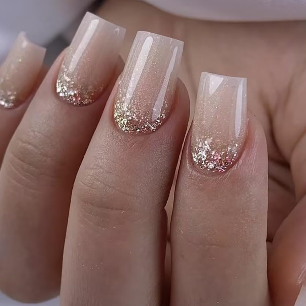 CTTHNBD Press on Nails Square - Short Fake Nails with Glitter Design - Winter Full Cover Stick on False Nails - for Women 24 Pcs