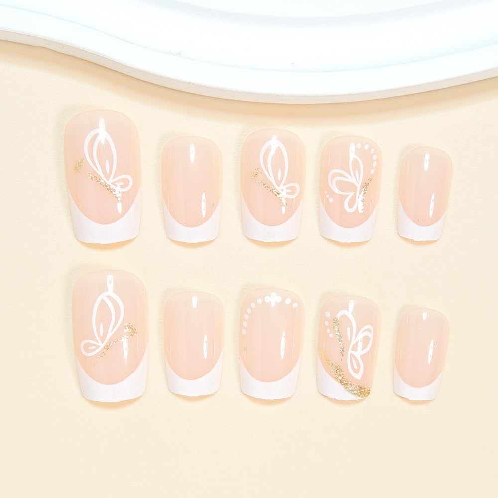 White French Tip Press on Nails Square - Medium Fake Nails with Butterfly Design - Glitter Full Cover Stick on False Nails - for Women 24 Pcs