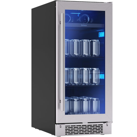 Zephyr Brisas 15 Inch Slim Beverage Fridge Single Zone Under Counter - Narrow Mini Wine & Drink Cooler Small Cabinet Wine Refrigerator Home Bar Freestanding with Glass Door - 4 Bottles, 64 Cans