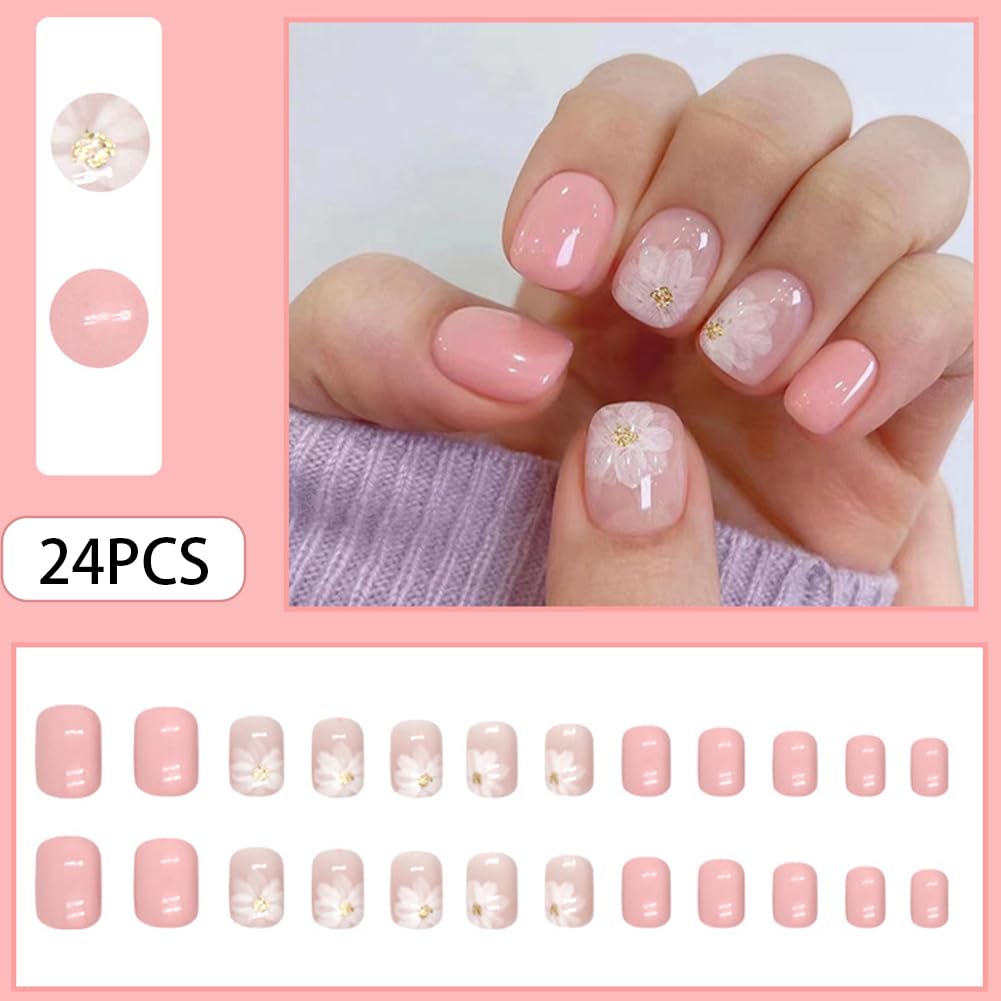 Whiosyrt Short Square Glossy Pink Acrylic Nails, 32pcs (12 Sizes) with Iced Camellia Design, ABS Material, Press On False Nails