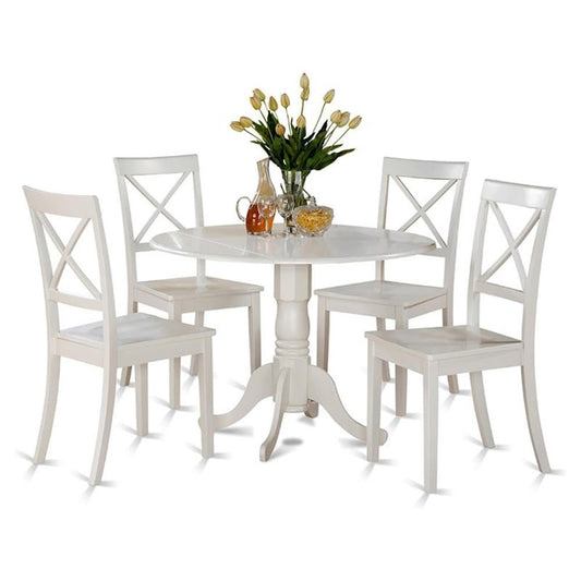 East West Furniture DLBO5-WHI-W 5 Piece Kitchen Table Set for 4 Includes a Round Dining Room Table with Dropleaf and 4 Solid Wood Seat Chairs, 42x42 Inch, Linen White
