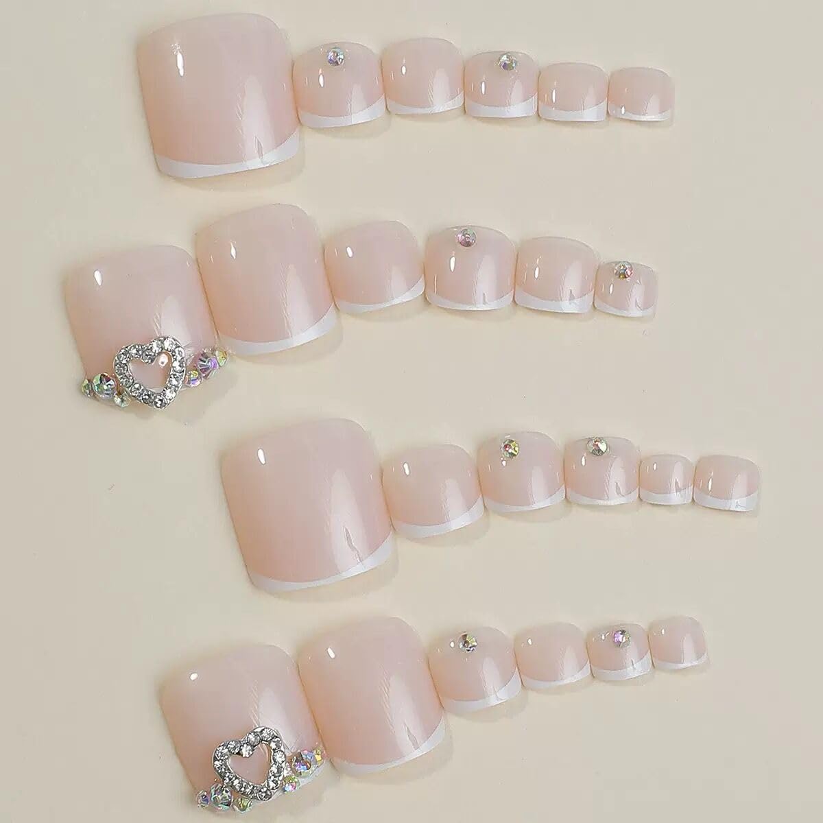 CTTHNBD Press on Toenails - White French Tip Fake Nails with Heart Design - Summer, Short Square Press on Toe Nails - for Women 24 Pcs