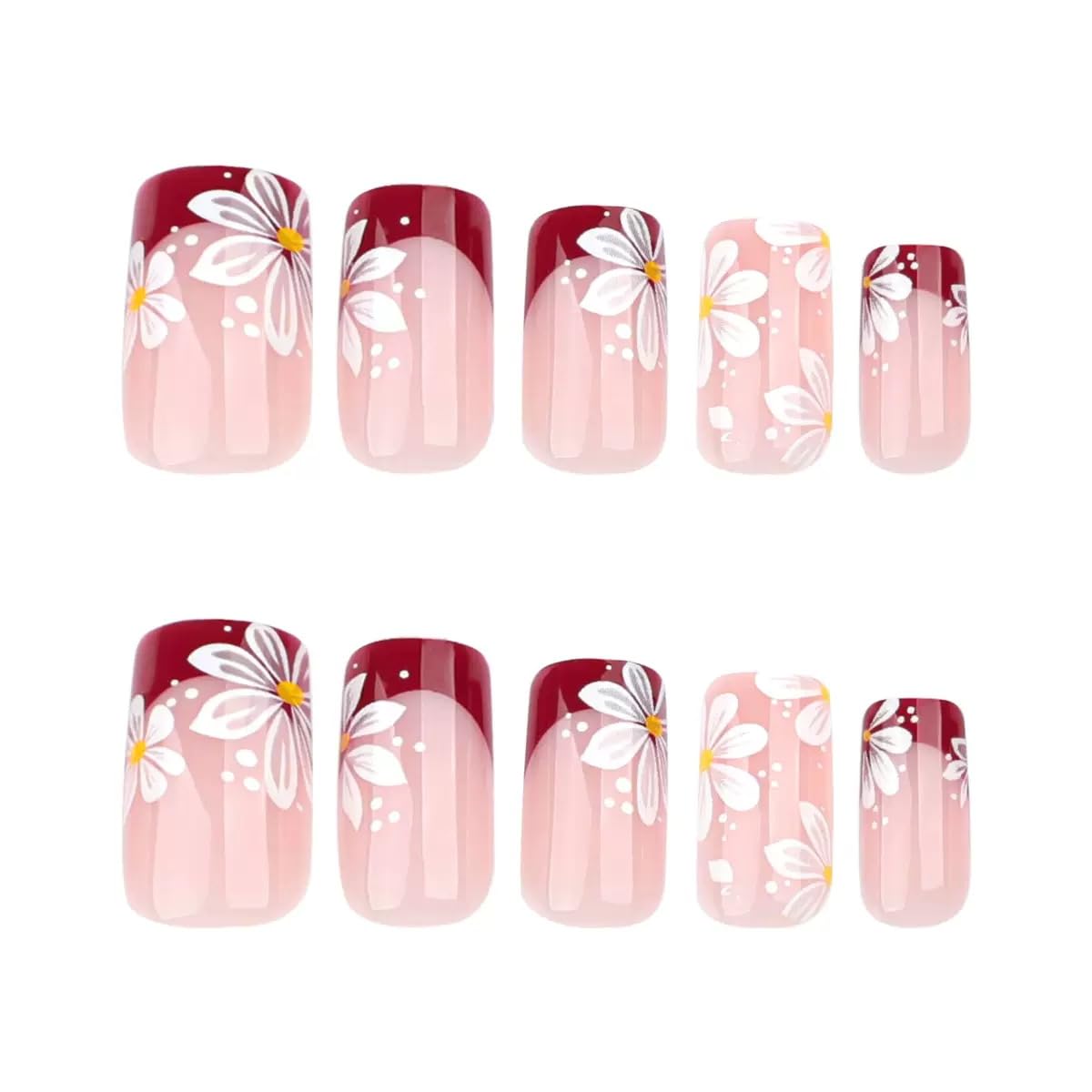 CTTHNBD Press on Nails Square - Short Fake Nails with Flower Design - Red French Tip, Spring False Nails Stick on - for Women 24 Pcs