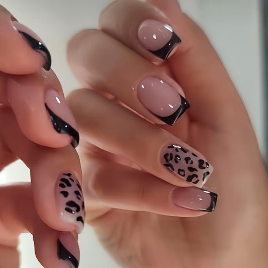 24Pcs Black French Fake Nails QUNQINLI Short Square Press on Nails with Leopard Print Designs Nude Nail Press ons Glossy Full Cover Glue on Nails Reusable Stick on Nail for Women Manicure