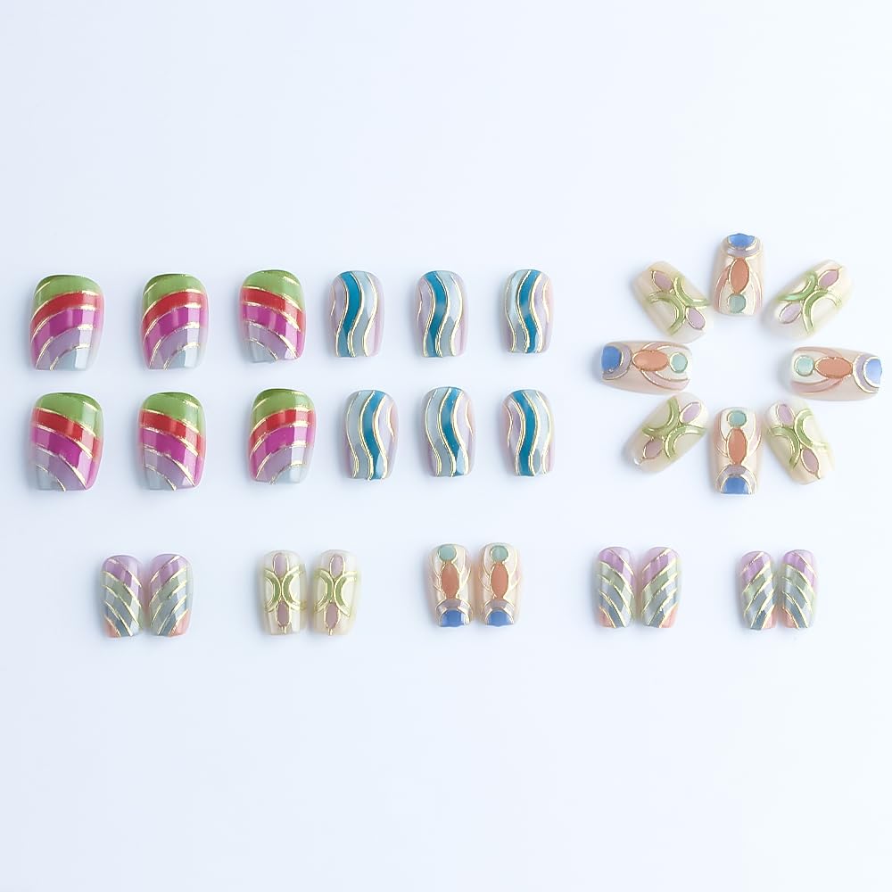 Taoyisent Colorful Abstract Press On Nails Short Square Glossy, Gold Line Art Fake Nails, Reusable Full Cover Stick On Nails for Women Party Vacation Festival Daily Wear, 30PCS