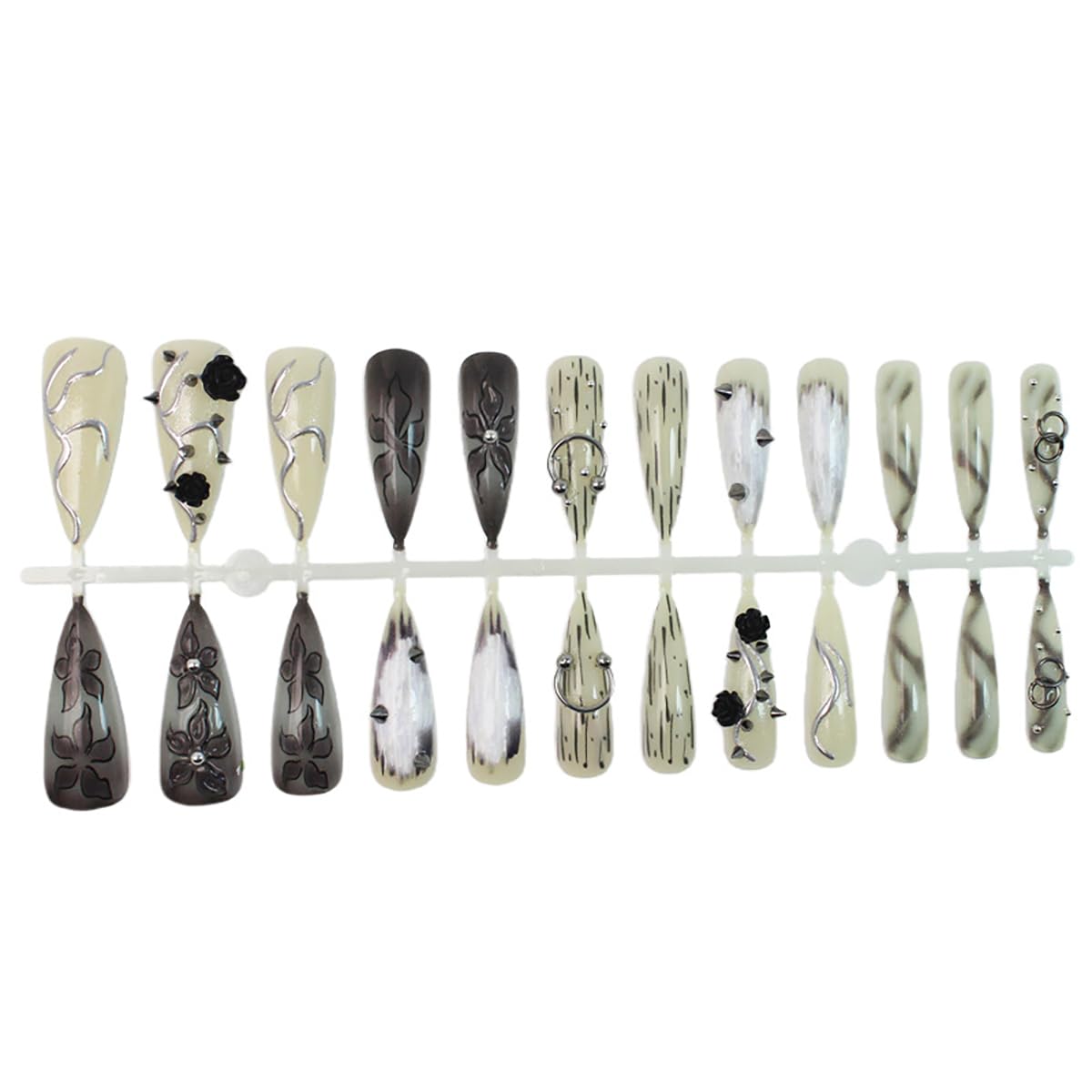 24Pcs Black Handmade Press on Nails Long Stiletto Gothic Fake Nails with 3D Black Rose Metal Piercing Rivets Design Punk Acrylic Nails Y2k Almond False Nails Goth Flower Glue on Nails for Women