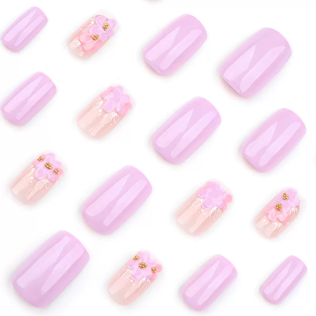 CTTHNBD Press on Nails - Medium Square Fake Nails with Floral Design - Purple Full Cover Stick on False Nails - for Women 24 Pcs
