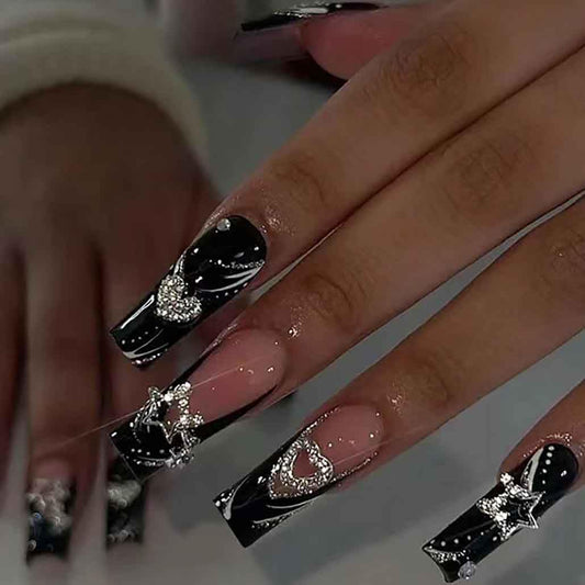 Foccna Press on Nails Long Rhinestone Fake Nails Black Square Bling Glossy Artificial Nails Finger Manicure for Women and Girls-24pcs (Long Nails 2)