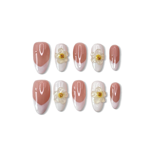 Handmade Press on Nails Medium Almond Fake Nails Press Ons White 3D Luxury Elegant Flower Full Cover Stick on Nails Glue on Nails for Women Girls Manicure (Clear White M)