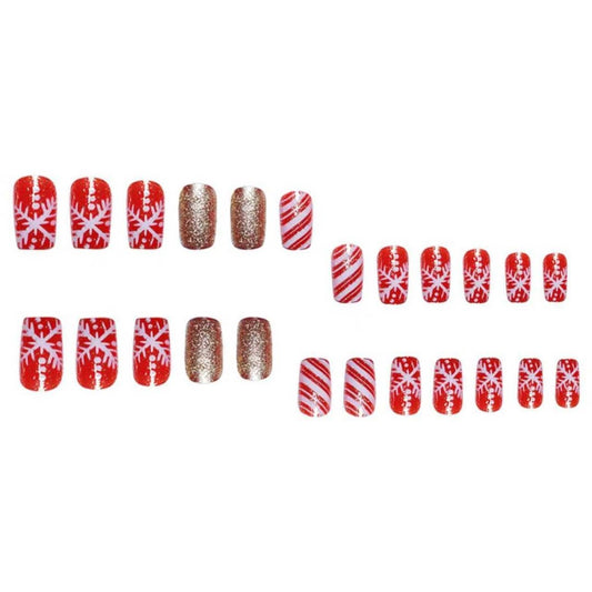 24Pcs Christmas Red Press on Nails Snowflake Fake Nails with Gold Glitter Designs Red White Stripe False Nails Xmas Full Cover Glue on Nail Winter Artificial Acrylic Nail for Women Nails Art Kit