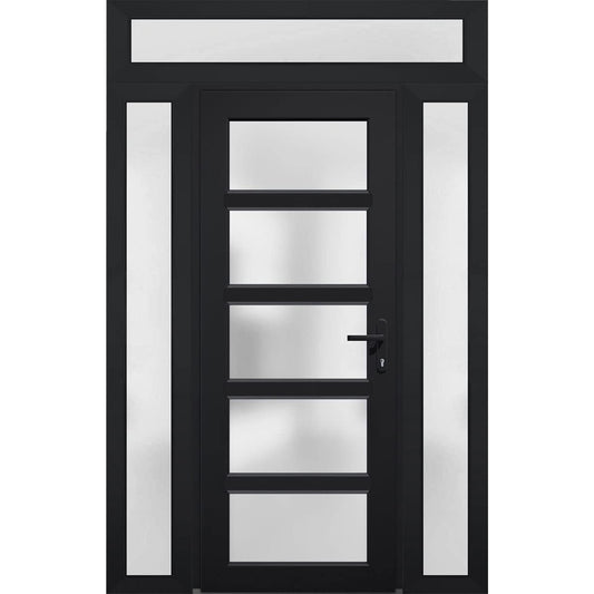 VDOMDOORS Front Exterior Prehung Fiberglass Door Frosted Glass/Manux 8002 Matte Black / 2 Side and Top Exterior Window/Entrance Patio Garage-W14+36+14" x H80+14"-Left-Hand Inswing