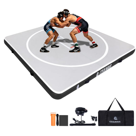 COOLWAVE Inflatable Wrestling Mat and Jiu Jitsu Mats for Home Gym or Outdoor Training, Great for BBJ, MMA, Martial Art, Grappling, Judo, Boxing, Yoga and More with Soft Landings and Good Bounce (Light Gray+Black, 10FT)