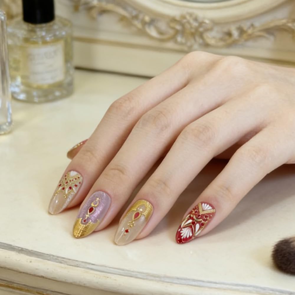 Redykat 30PCS Handmade Buccellati Press On Nails,Gold Chrome Press on Nails, Almond Salon Quality Nail art, Gold and Purple Cat Eye Gel Fake Nails (Golden Buccellati)
