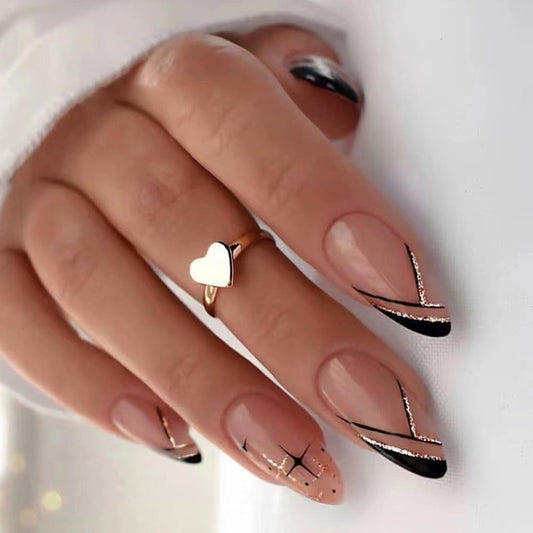 Medium Press on Nails Almond - French Tip Fake Nails with Black Line Design - Glitter, Star Full Cover Stick on False Nails for Women 24 Pcs