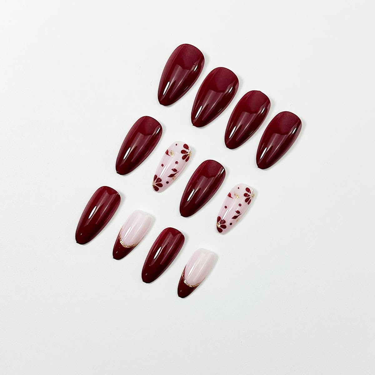 Burgundy Press on Nails Short Almond Glitter Flower Fake Nails Wine Red French Tip False Nails Press ons with Floral Design Glossy Acrylic Full Cover Winter Stick on Nails for Women Manicure 24Pcs