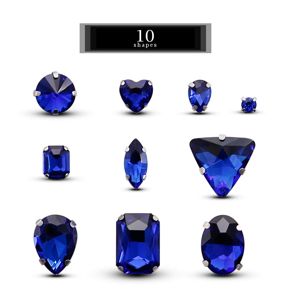 TANOSII Sew on Rhinestones 100 PCS Mixed Shapes Glass Rhinestones Sew on Crystal Gems Mental Flatback with Silver Claw for Jewelry Crafts Clothes Shoes Costume Garment Sapphire Blue