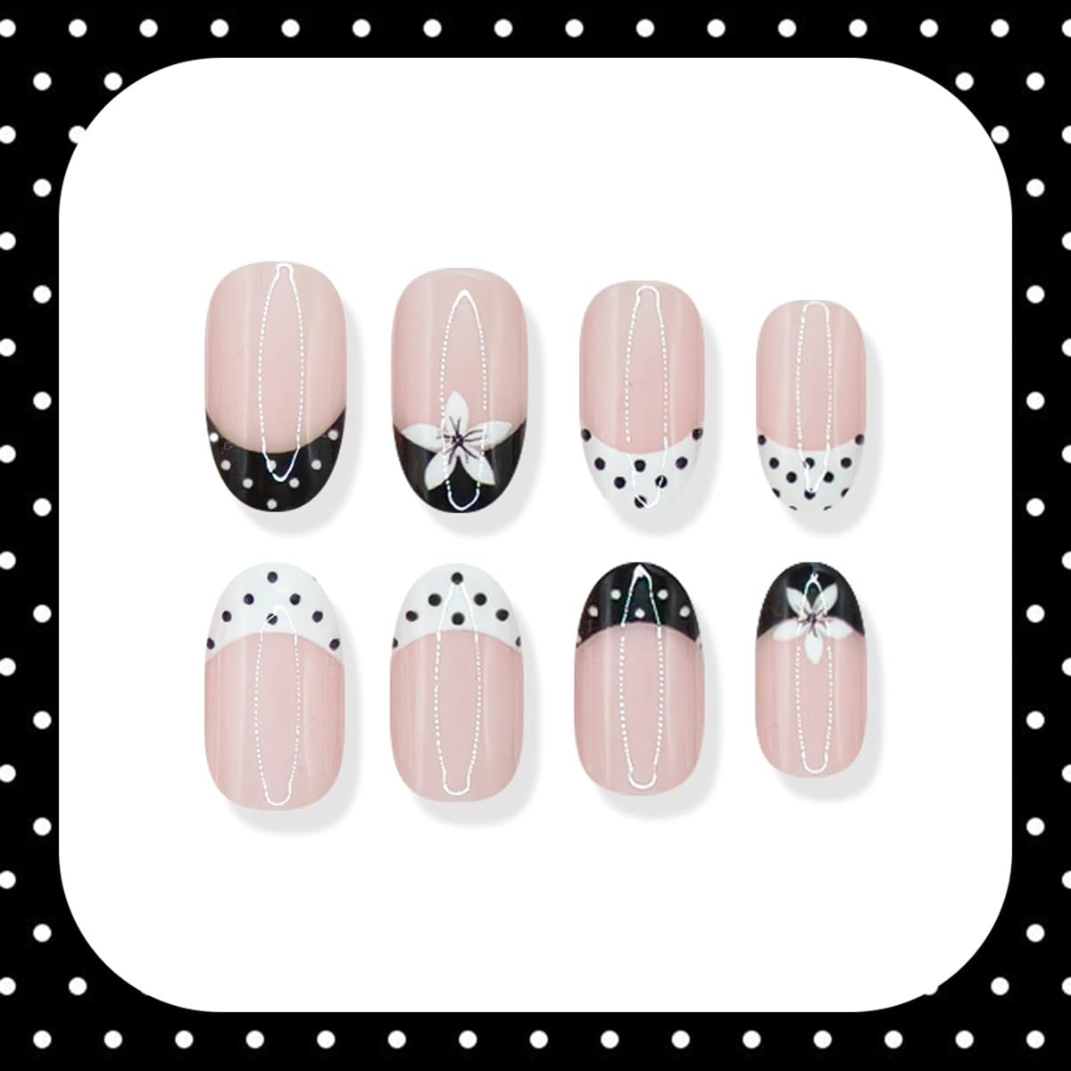 24 Pcs French Tip Press on Nails Short Oval WLGDLH Summer Fake Nails, Black White False Nails Press ons Nail Art Tips with Flower Polka Dots Design, Nude Base Glue on Nails for Women, Glossy Finish