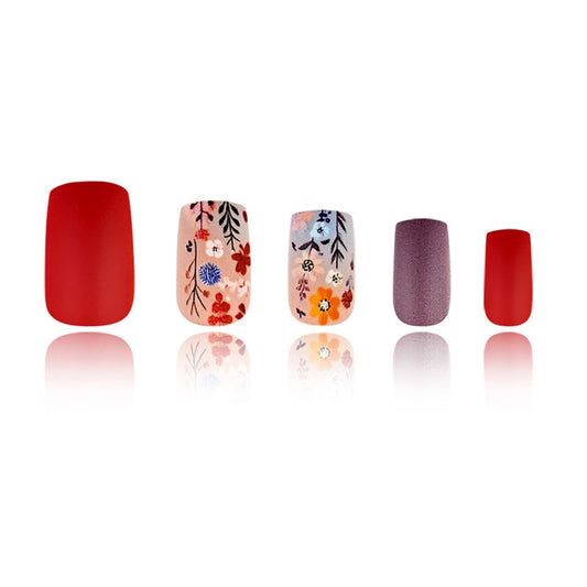 Flowers Press on Nails Square Medium Length Fake Nails Colorful Acrylic Nails Spring Floral False Nails Designs Short Squoval Artificial Nails Full Cover Glue on Nails for Women Girls 24pcs