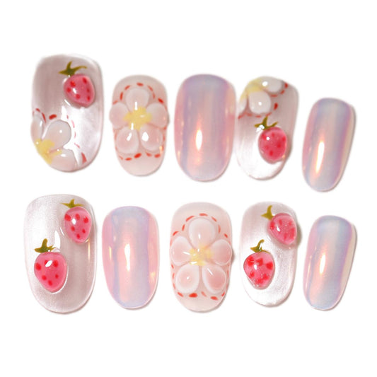 10Pcs Medium Almond Handmade Press On Nails | Easy Apply & Remove, Reusable Salon Quality Nails | Sweet Pink & Red Fake Nails with 3D Strawberry & Floral Accents (A008, XS)