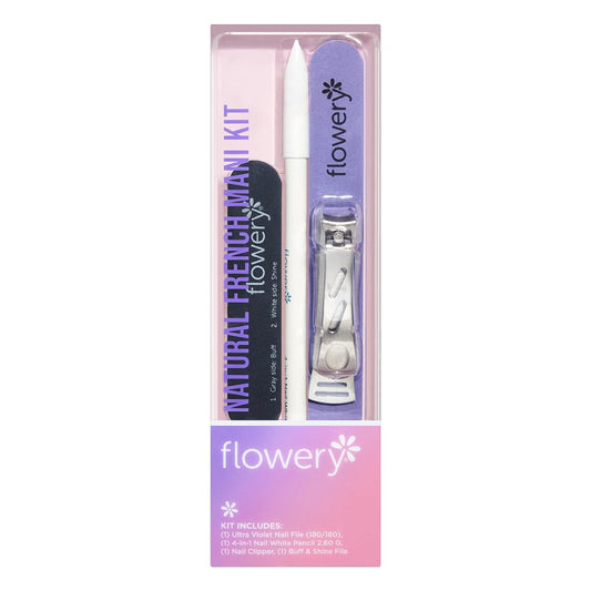Flowery Natural French Manicure Kit – with Nail Clipper, File, Buff & Shine Block, White Pencil – DIY Home Nail Care Kit for Women and Men
