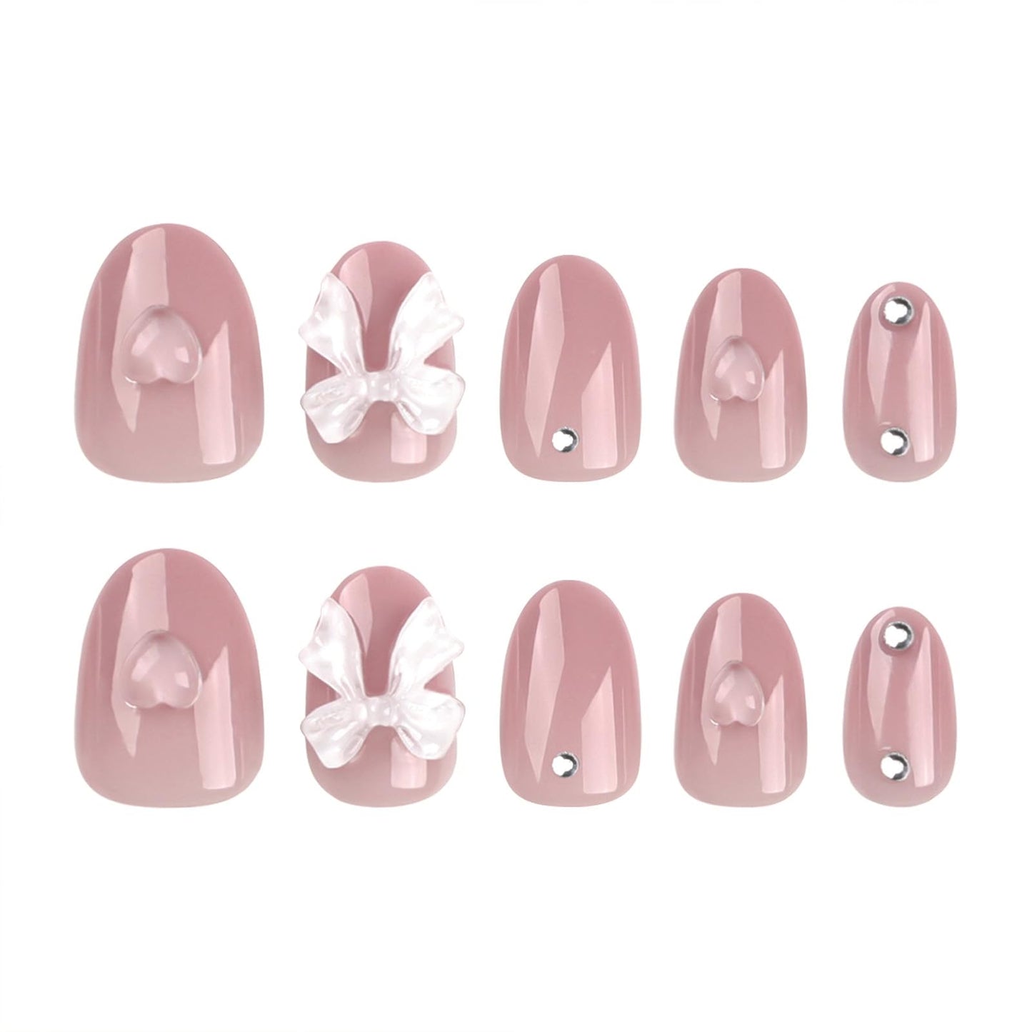 SINHOT Heart Press on Nails Medium Square Fake Nails Glossy Glue on Nails 3D Butterfly Squoval Rhinestones Acrylic Nail Valentines Day Stick on False Nail with Design 24 pcs