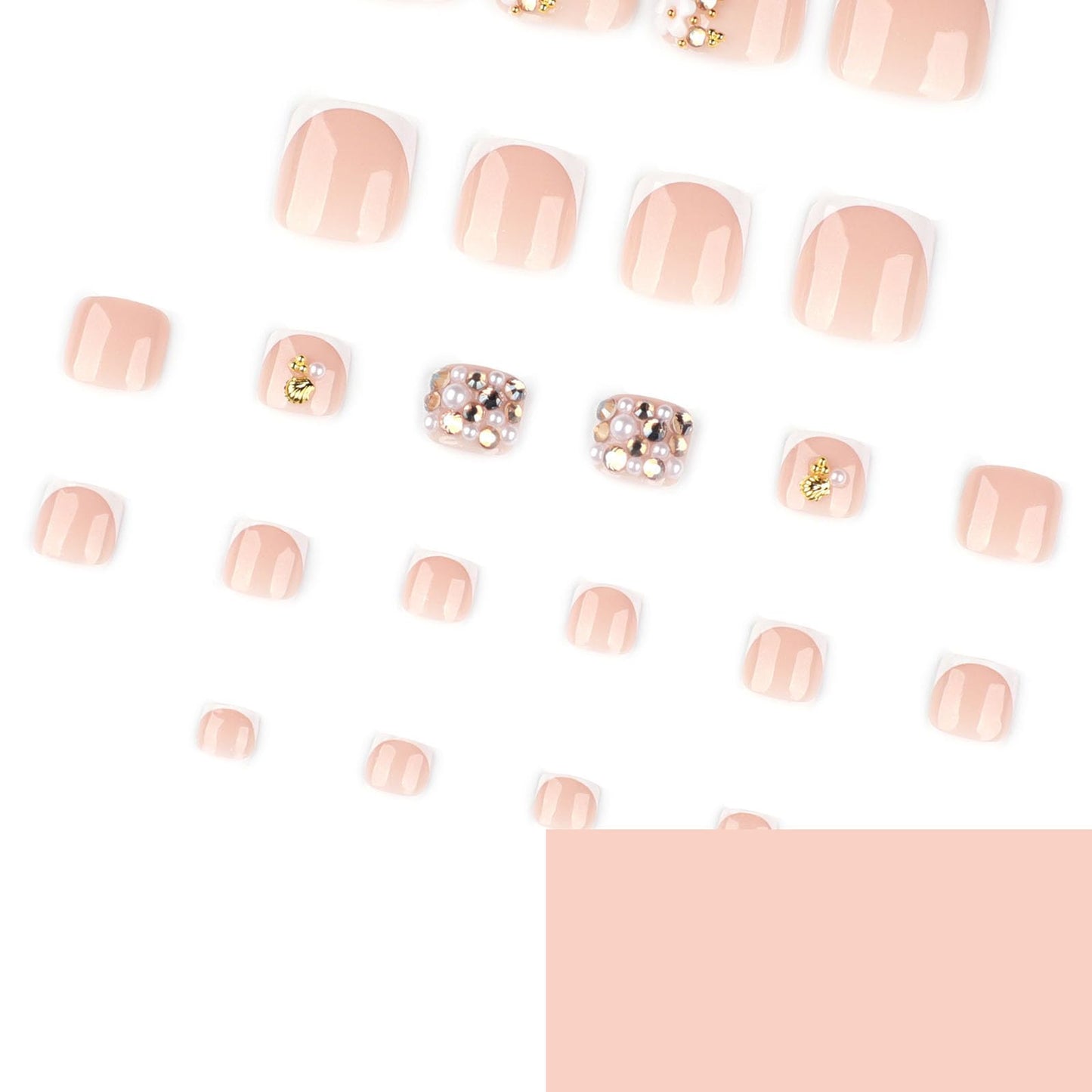 RUOKEXIN Short Press on Toenails White French Tip Fake Toenails with 3D Flower Rhinestones Designs Square Toe Nail Press ons Sparkly Artificial Nails for Women 24Pcs
