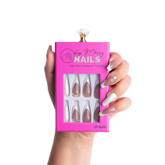 Keep It Classy French Tip Mauve/Silver, Press-On Nails Kit by Monyetta Shaw || Ballerina || Reusable, Vegan, Non-Toxic, Easy Application || One 24 Nail Kit