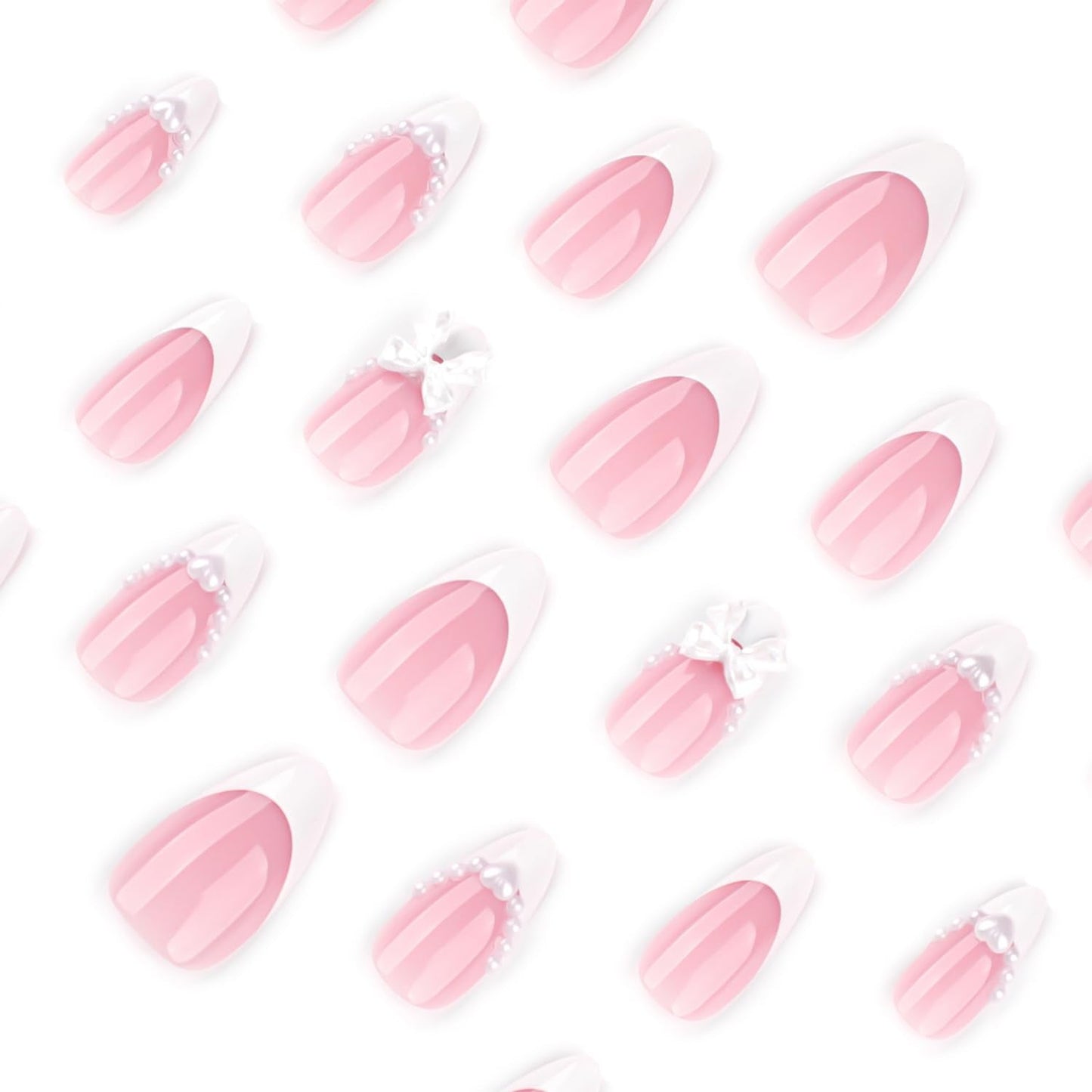 24Pcs White French Tip Press on Nails Medium Fake Nails with Cute Bow Pearl Charms Design,White French Press on Pink Stick on Nail Almond Shaped Acrylic Nail Heart Nails Cute False Nail for Women